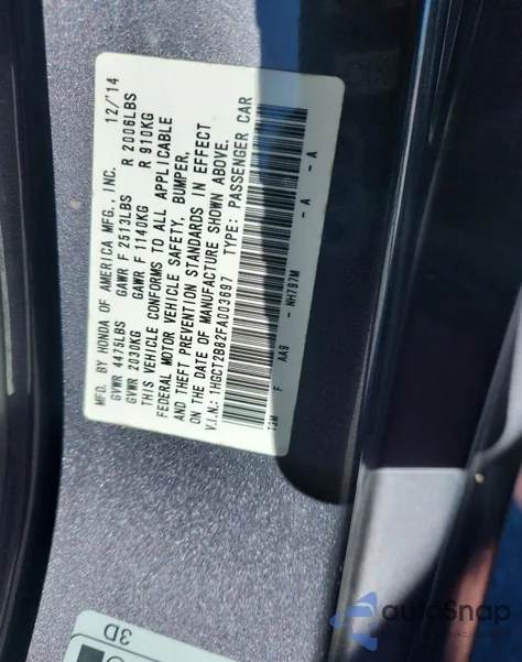 2015 Honda Accord Exl z USA, uszkodzony, nr VIN 1HGCT2B82FA003697